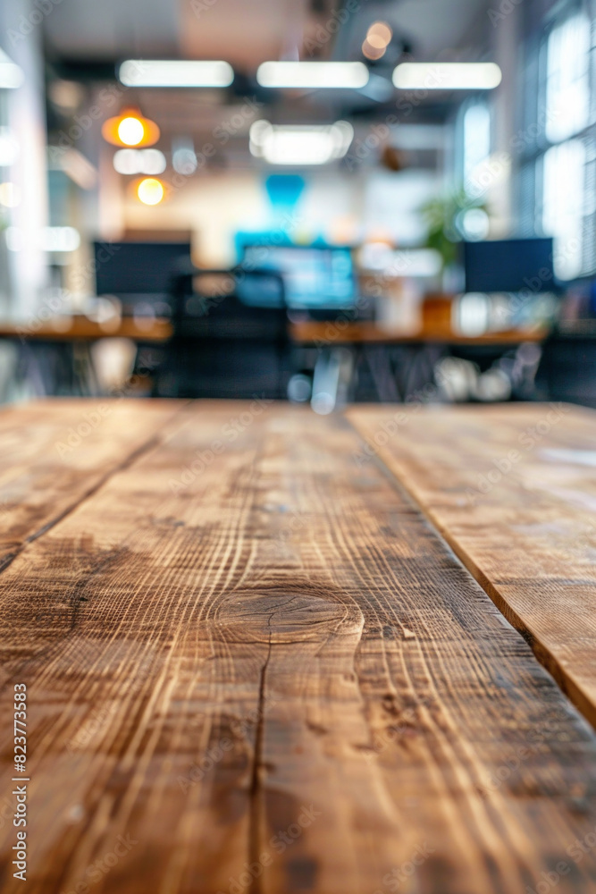 A wooden tabletop in the foreground with a blurred background of a high-tech office. The background features modern workstations with multiple monitors, ergonomic chairs, and whiteboards. A wooden tabletop in the foreground with a blurred background of a high-tech office. The background features modern workstations with multiple monitors, ergonomic chairs, and whiteboards.