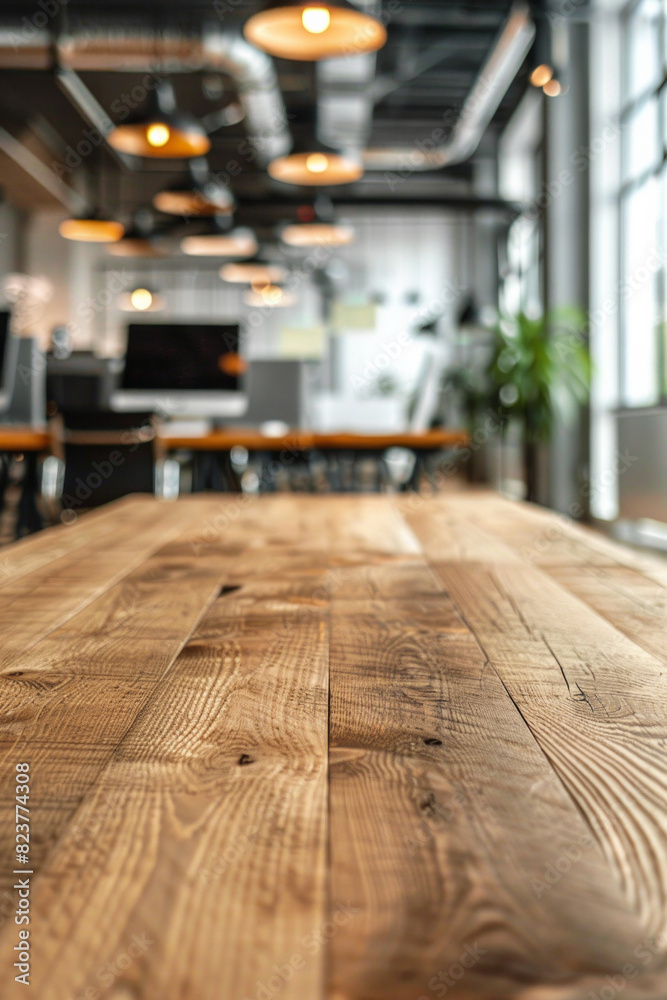 A wooden tabletop in the foreground with a blurred background of a high-tech office. The background features modern workstations with multiple monitors, ergonomic chairs, and whiteboards.