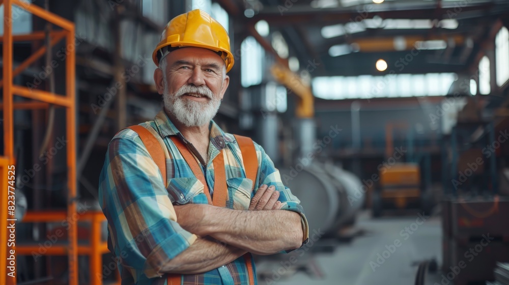 An elderly engineer with a beard and mustache on his face,
stands and smiles, arms crossed over his chest, at a construction site.
An elderly engineer with a beard and mustache on his face,
stands and smiles, arms crossed over his chest, at a construction site.
