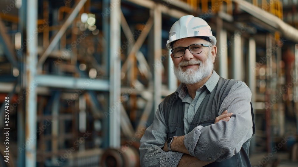An elderly engineer with a beard and mustache on his face,
stands and smiles, arms crossed over his chest, at a construction site.
An elderly engineer with a beard and mustache on his face,
stands and smiles, arms crossed over his chest, at a construction site.