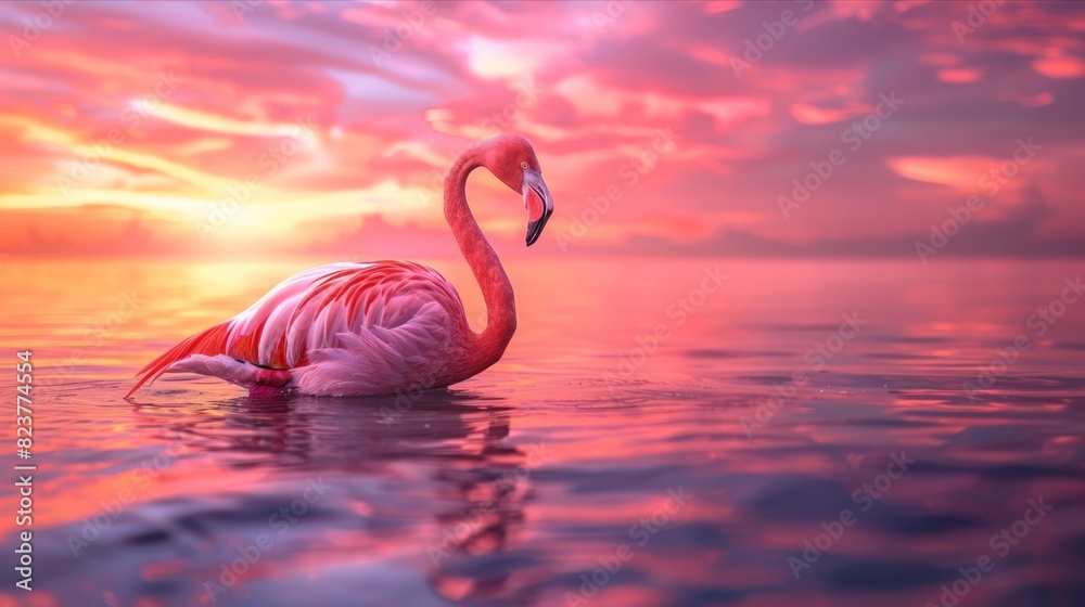 Fototapeta premium Graceful flamingo swimming in tranquil waters at vibrant sunset over horizon