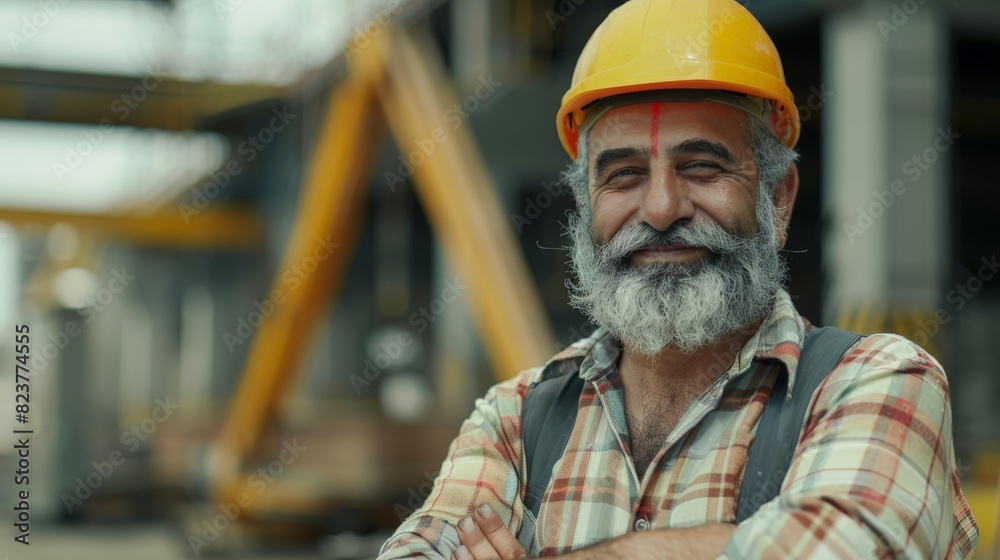 An elderly engineer with a beard and mustache on his face, 
stands and smiles, arms crossed over his chest, at a construction site.
