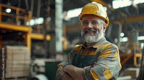 An elderly engineer with a beard and mustache on his face, 
stands and smiles, arms crossed over his chest, at a construction site.
 photo