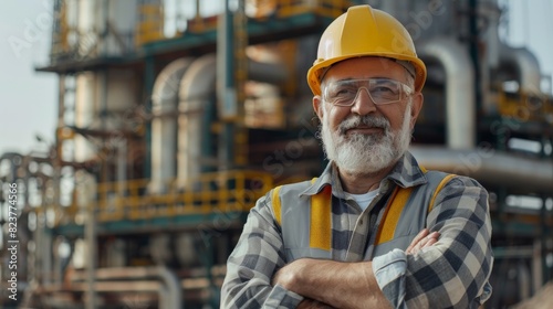 An elderly engineer with a beard and mustache on his face, 
stands and smiles, arms crossed over his chest, at a construction site.
