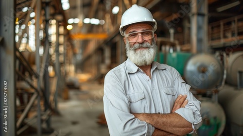 An elderly engineer with a beard and mustache on his face, 
stands and smiles, arms crossed over his chest, at a construction site.

