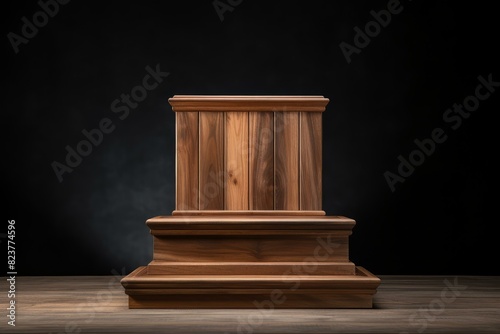 High-quality image displaying an empty wooden podium against a dark backdrop photo