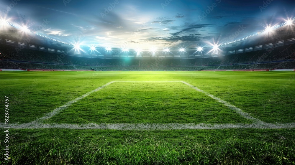 Soccer stadium with lights, night time, lights on the field, grass in center of photo, high resolution, high quality, high detail,