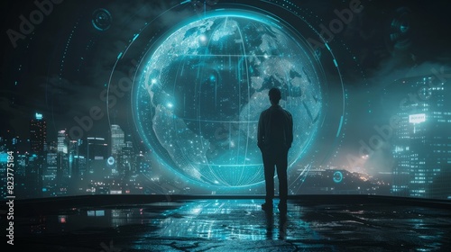Businessman, night or vr global network hologram for digital future technology, big data or virtual reality. Dark office, globe overlay or person in futuristic metaverse world