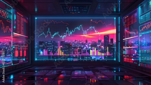 Futuristic Cityscape with Glowing Data Displays and Financial Insights