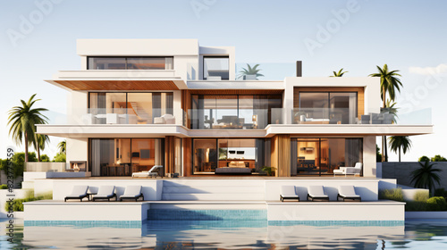 3d rendered illustration of a modern 3 story house with swimming pool