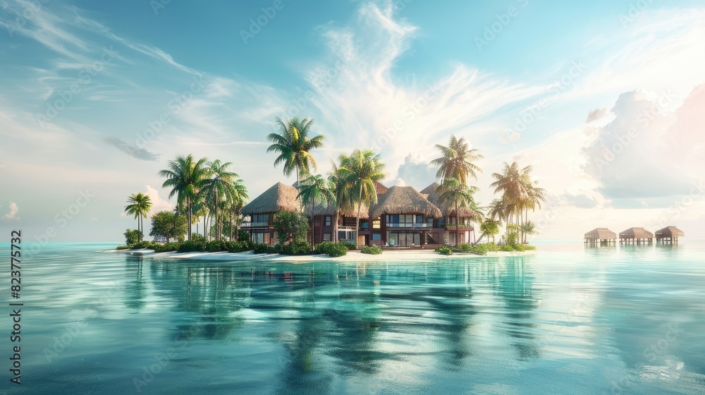 Fototapeta premium Beautiful Tropical Resort Hotel and Island With Beach and Sea for Holiday Vacation Background Concept