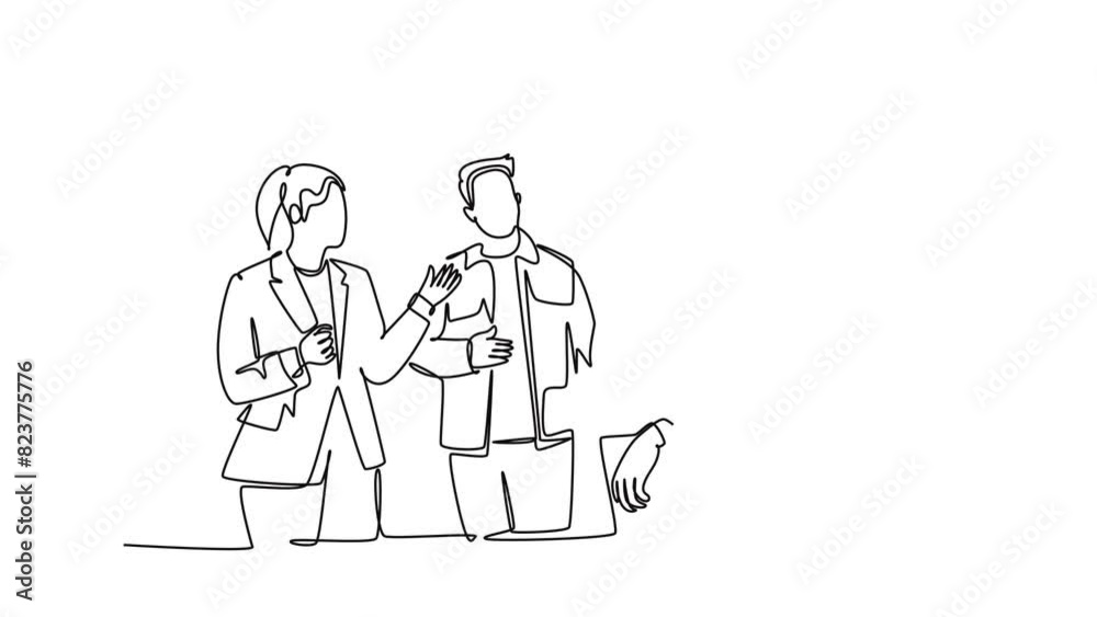 Self drawing animation of single line draw project manager explain company business process to young male and female apprentices at office. Business internship. Continuous line. Full length animated Self drawing animation of single line draw project manager explain company business process to young male and female apprentices at office. Business internship. Continuous line. Full length animated