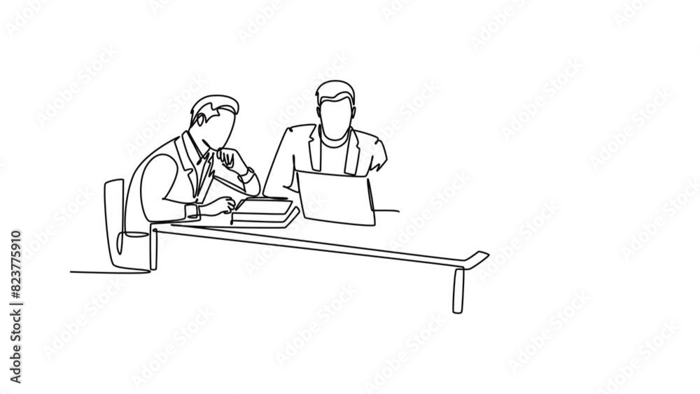 Animated self drawing of continuous line draw active young happy female CEO presenting new technology innovation to the members at the office. Startup work life concept. Full length one line animation