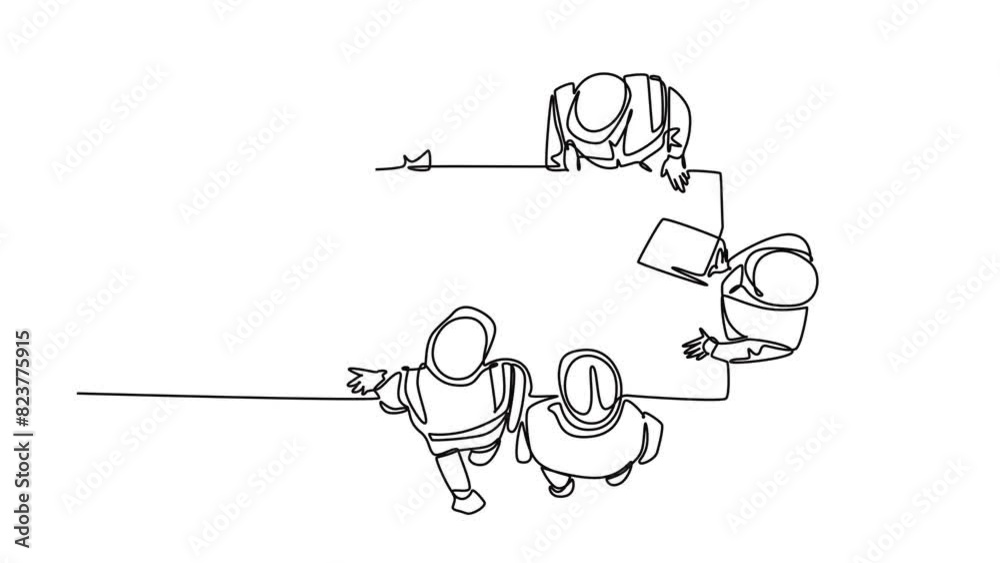Animated self drawing of continuous line draw of young architect and construction builder discussing blueprint building design from top view. Home architecture concept. Full length one line animation