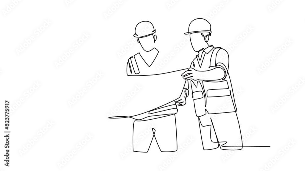 Animated self drawing of continuous line draw of smart young construction coordinator discussing construction design plan to team member. Building architecture business. Full length one line animation Animated self drawing of continuous line draw of smart young construction coordinator discussing construction design plan to team member. Building architecture business. Full length one line animation