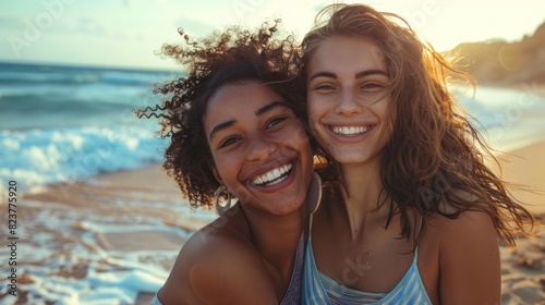 Two women smiling and hugging on a beach