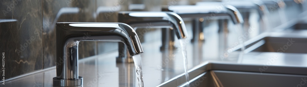 Washing sinks with taps in a modern public restroom interior Washing sinks with taps in a modern public restroom interior