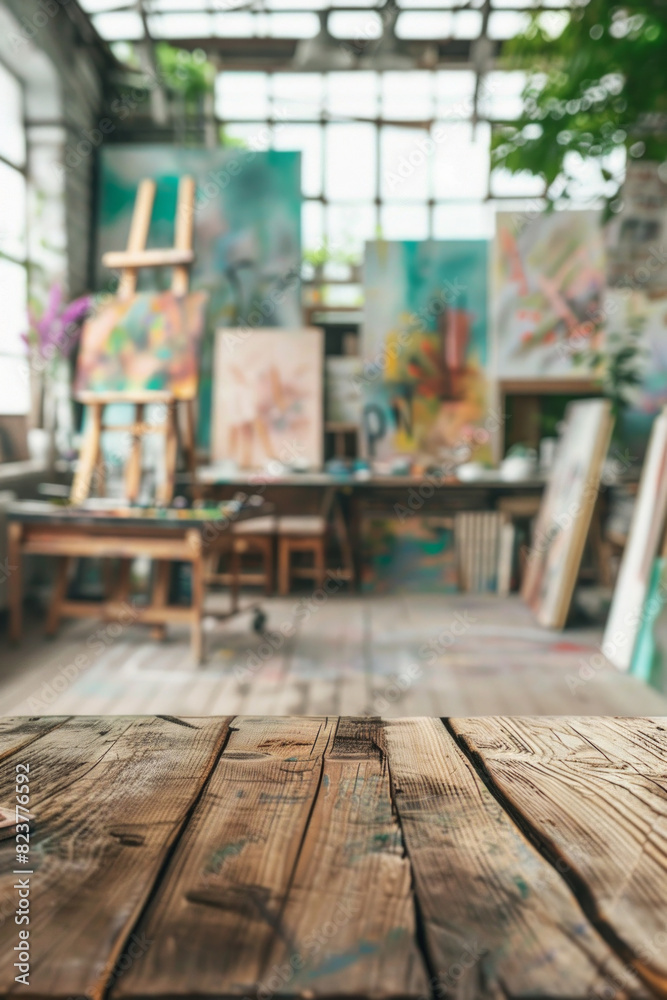 A wooden table in the foreground with a blurred background of an art studio. The background includes easels with canvases, paintbrushes, palettes, colorful paintings on the walls, and shelves A wooden table in the foreground with a blurred background of an art studio. The background includes easels with canvases, paintbrushes, palettes, colorful paintings on the walls, and shelves