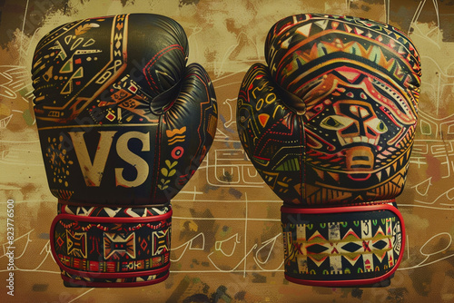 Boxing gloves adorned with traditional tribal patterns, one with African motifs and the other with Native American designs, photo
