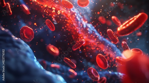Erythrocytes on the background of venous blood flow, a wave of platelets
