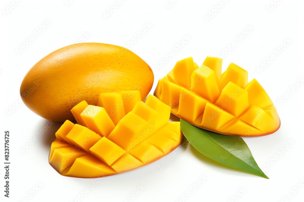 Sliced Okrong mango, focus on fruit sections, culinary theme, vibrant, composite, white backdrop