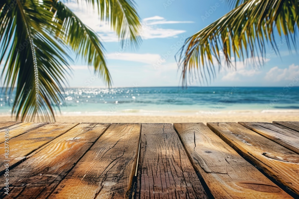 Wooden platform overlooking a serene tropical beach with clear blue skies