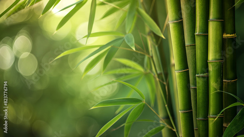 Beautiful green nature background with bamboo branches in a bamboo forest