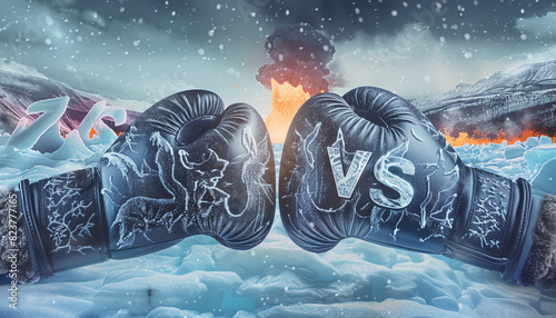 Boxing gloves with a frosted ice and blazing fire design, with 