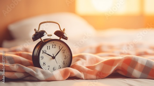 Alarm clock on the bed with pillow and blanket, bed time or waking up concept