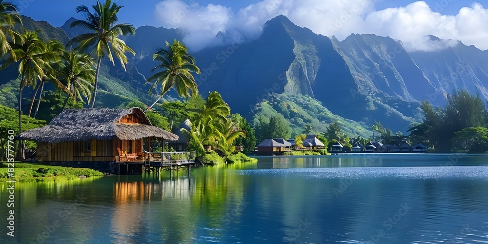 Idyllic Polynesian village surrounded by a picturesque landscape perfect for tourism. Concept Travel Destination, Polynesian Culture, Tropical Paradise, Scenic Beauty, Serene Village