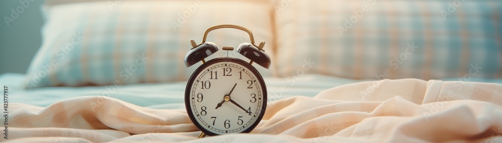 Alarm clock on the bed with pillow and blanket, bed time or waking up concept Alarm clock on the bed with pillow and blanket, bed time or waking up concept