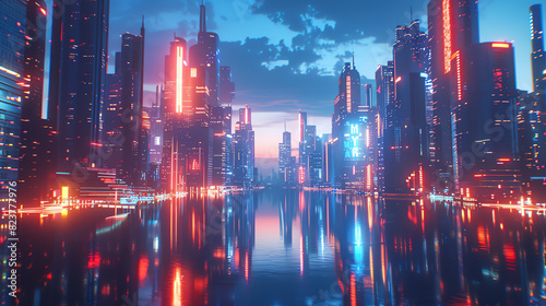 Capture a dynamic long shot build of a futuristic cityscape at dusk with sleek