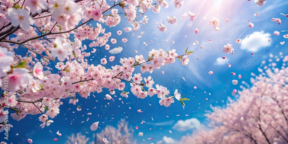 A beautiful of sakura petals drifting in the breeze against a backdrop of a blue sky