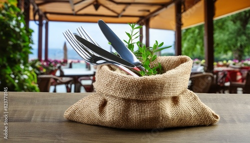 The fork and table-knife in a small jute bag for a restaurant setting at rustic style, Ai Generate