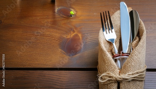 The fork and table-knife in a small jute bag for a restaurant setting at rustic style, Ai Generate