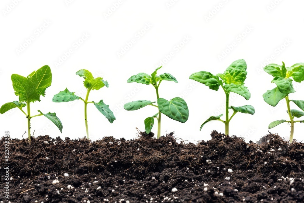 Young sprouts isolated, new plant side view, young green seedling in black earth pile closeup isolated Young sprouts isolated, new plant side view, young green seedling in black earth pile closeup isolated