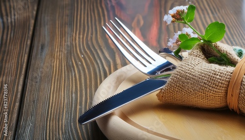 The fork and table-knife in a small jute bag for a restaurant setting at rustic style, Ai Generate