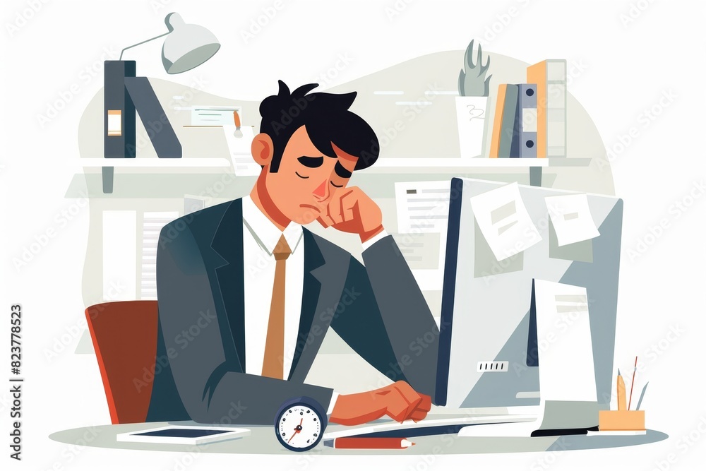 Sad office worker drawing, tired manager, sad person, having bad day, overworked burnout Sad office worker drawing, tired manager, sad person, having bad day, overworked burnout
