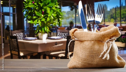 The fork and table-knife in a small jute bag for a restaurant setting at rustic style, Ai Generate