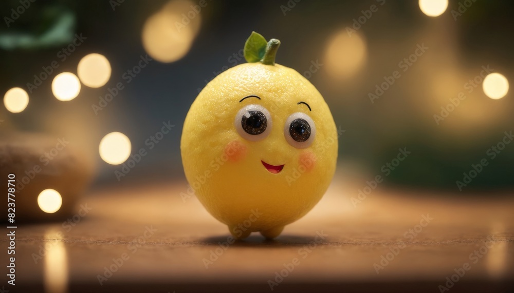 Cute lemon character with large eyes and a single leaf, happy and playful expression Cute lemon character with large eyes and a single leaf, happy and playful expression