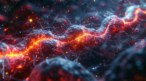 Neurology illustration of nerve synapse showing neurotransmitter release and receptor binding photo