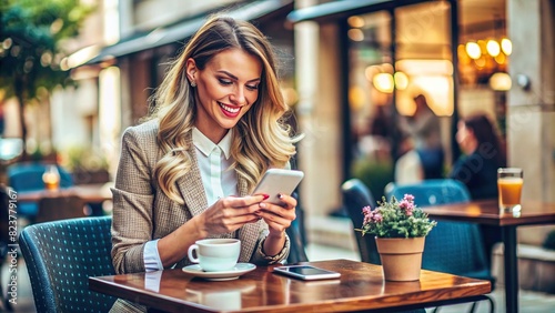 A stylish woman using a smartphone while sitting at a cafe