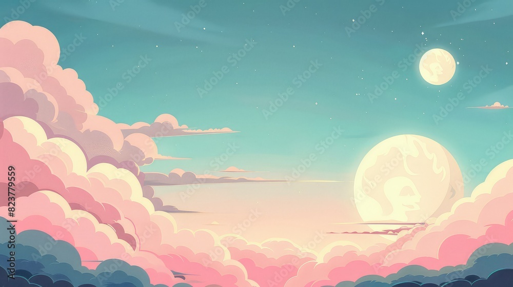 A beautiful pastel sky with pink clouds and two moons.