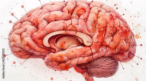 Neurology illustration of human brain highlighting the cerebrum cerebellum and brainstem with labels photo