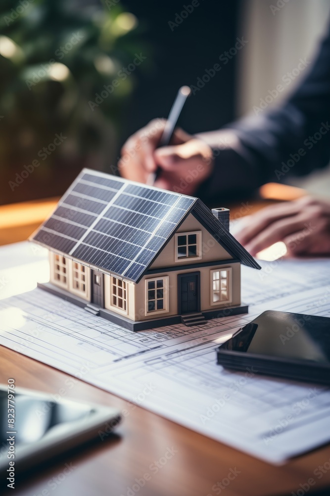 Fototapeta premium man hand holding pen and documents for audit calculating on the table and cottage house