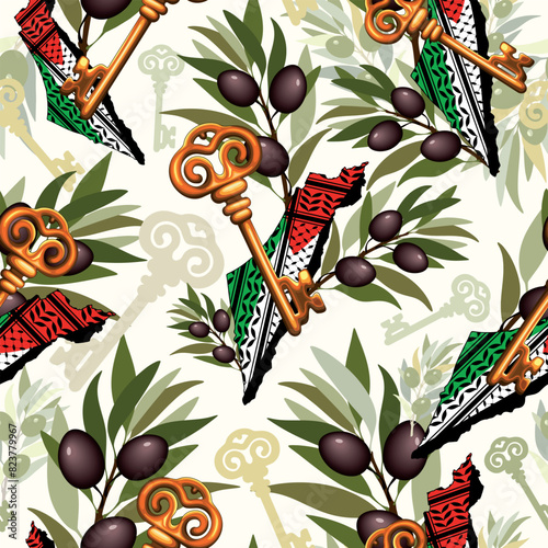 Palestinian Key, Palestine Map and Olive Tree Branches Symbols of Freedom Vector Seamless Repeat Pattern
