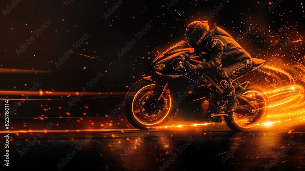 side view of an abstract orange and black wallpaper with a sportbike doing high speed turning, high contrast, black background, dark theme, banner design, minimalistic