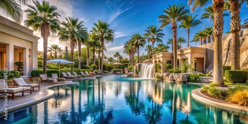 An intricate backdrop showing a luxurious pool at a high-end hotel, complete with a waterfall, cabanas, and palm trees under a clear blue sky 
