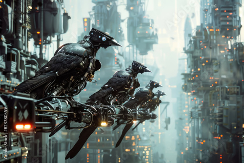 Mechanical Bird Brigade, steampunk robotic birds on a futuristic city street photo