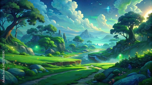 Anime-inspired green landscape with magical summer vibes 